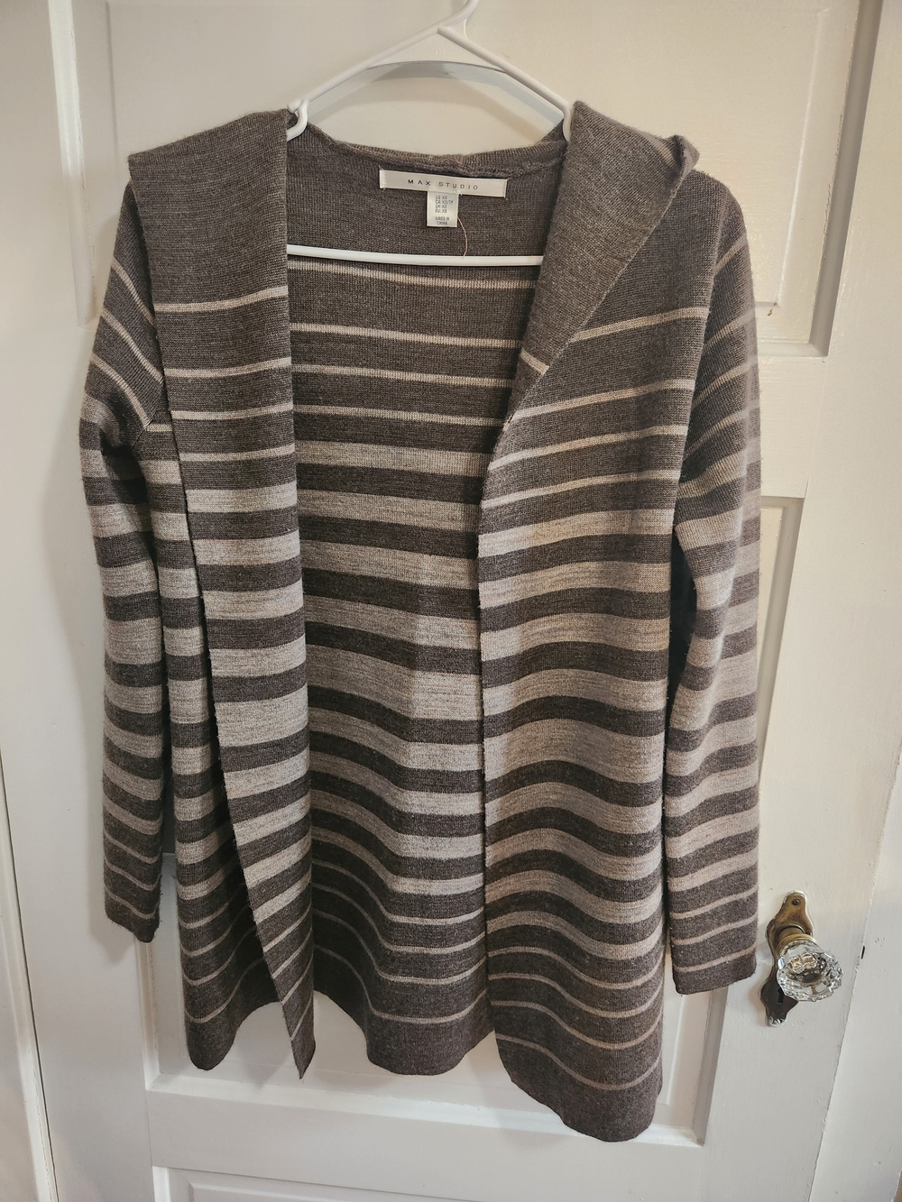 Max Studio Brown and Cream Striped Hooded Open-Front Cardigan